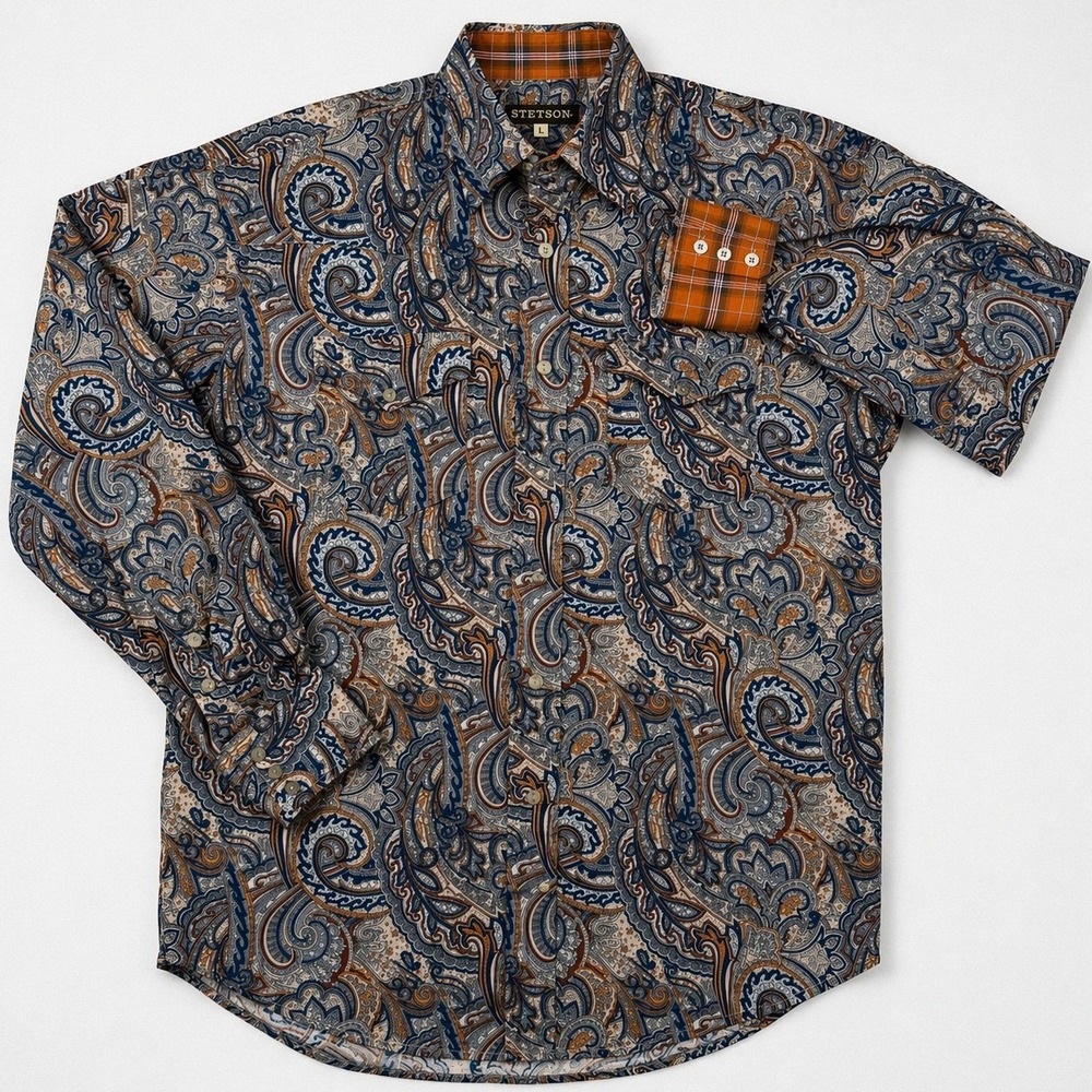 Stetson Paisley Western Shirt Pearl Snap Cowboy Rodeo Flip Cuff Size Medium